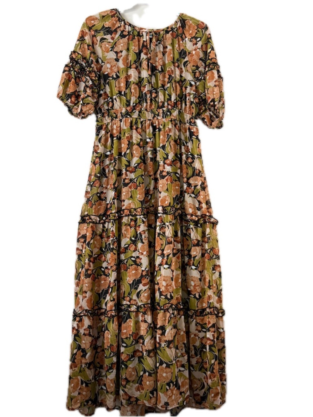 Dizzy Lizzy LA floral print tiered maxi dress Women’s Size LG Multi colored